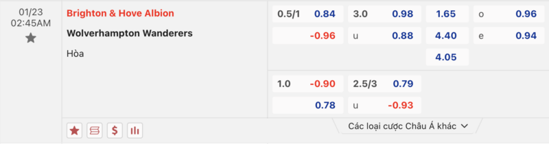 Bảng kèo Brighton vs Wolves