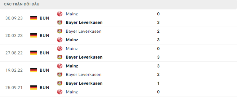 Lịch sử đối đầu hai đội Leverkusen vs Mainz